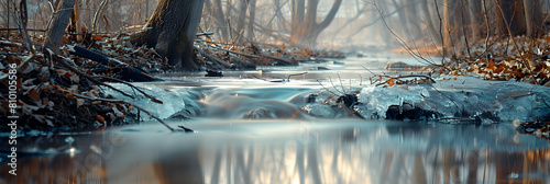The tranquil flow of a watershed in early spring, with melting ice and budding trees, captured with a clarity filter to enhance the crisp details