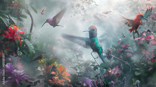 The vibrant flora and fauna of a cloud forest, featuring colorful birds and exotic plants, all enveloped in a soft, dreamy fog