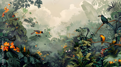 The vibrant flora and fauna of a cloud forest, featuring colorful birds and exotic plants, all enveloped in a soft, dreamy fog