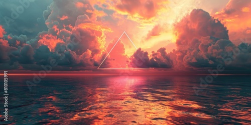 The great orange floating triangle beyond the ocean that surrounded with a lot amount of the tall cloud at the dawn or dusk time of the day that shine light to the every part of the picture. AIGX03.