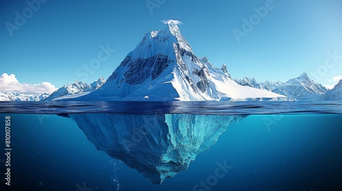  A sizable iceberg floats in the midst of a water body, surrounded by towering mountains in the background, under a clear blue sky