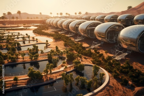 Modern futuristic domed habitat in a desert environment at sunset