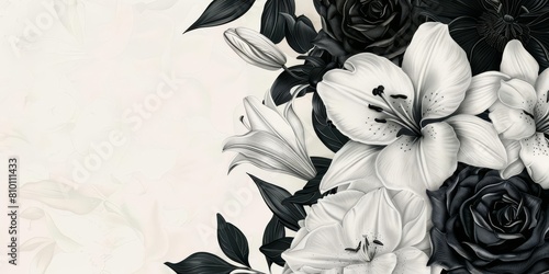 A floral sketch of black roses and white lilies lines the right, leaving copy space on the left, banner greeting card for wedding reception, valentines, mother's day, father's day
