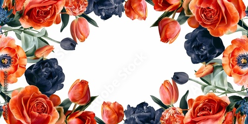 A geometric pattern of burnt orange roses and navy tulips frames the left, providing copy space on the right, banner greeting card for wedding reception, valentines, mother's day, father's day