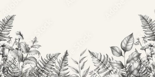 A monochrome sketch of ivy and ferns lines the top, leaving ample space below for a classic birthday message, banner greeting card for wedding reception, valentines, mother's day, father's day