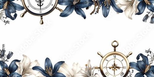 Compasses and anchors with navy lilies form a border on the bottom, providing ample copy space above, banner greeting card for wedding reception, valentines, mother's day, father's day