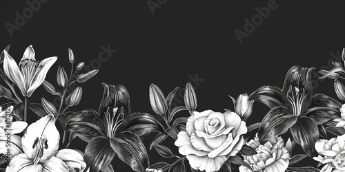 Line art of black lilies and white roses at the top, leaving ample space below, banner greeting card for wedding reception, valentines, mother's day, father's day