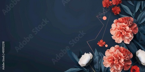 Navy carnations and geometric shapes line the right side, providing space on the left for a sophisticated birthday note, banner greeting card for wedding reception, valentines, mother's day