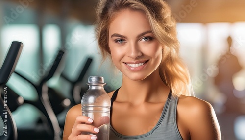 Junge Frau im Fitnessstudio trägt Sportbekleidung und trinkt aus eine Flasche. 