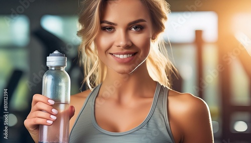 Junge Frau im Fitnessstudio trägt Sportbekleidung und trinkt gerade aus eine Flasche. 