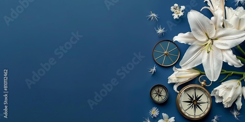 White carnations and compasses blend with navy lilies at the right, leaving copy space on the left, banner greeting card for wedding reception, valentines, mother's day, father's day