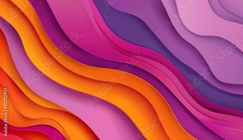 Colorful background with a gradient of purple, pink and orange with abstract shapes of curved paper