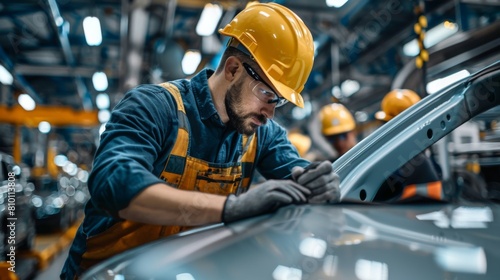 Automotive engineers are inspecting production and controlling automobile assembly standards. Emphasis is placed on product quality inspection within automobile assembly plants.