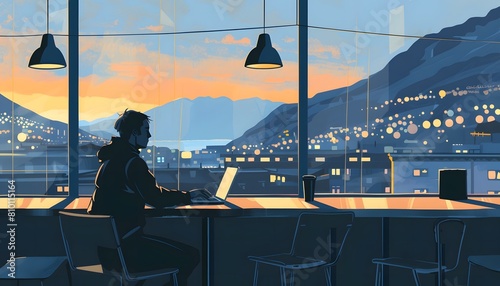man sitting at a cafe table looking out a window typing on laptop traveler beautiful sunset view house city lights 