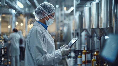 pharmaceutical expert in gloves and lab coat reviewing production data on a digital tablet, in a sterile manufacturing environment.