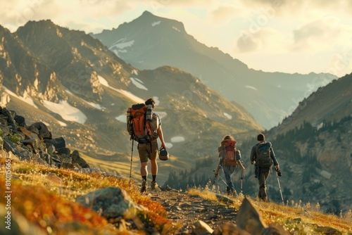 Three people are hiking up a mountain trail, with backpacks on their backs