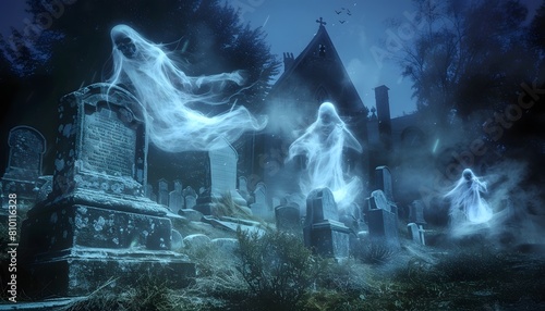 Halloween ghosts spirits haunting a cemetery scary ghouls