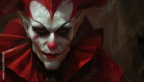 scary Halloween clown red and white makeup evil smile jester