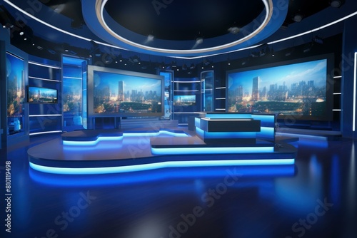 Empty news studio with large screens displaying a cityscape, illuminated by blue lights