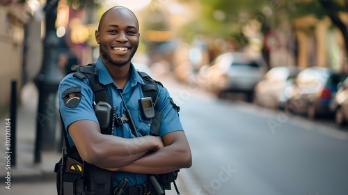 Friendly Policeman Smiling on City Street, Portrait of Officer on Duty, Urban Security and Patrolling Concept. AI