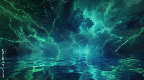 Abstract background Electric storm in the alien atmosphere with green and blue lightning streaking across the dark sky.