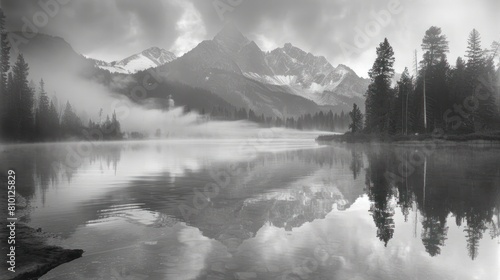 A black and white photo of a lake with mountains in the background. The water is calm and the sky is cloudy