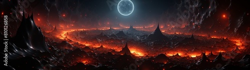 Apocalyptic alien landscape with glowing lava and full moon