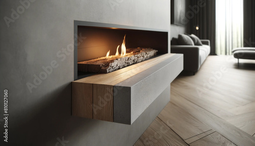 A fireplace with a wooden mantel and a brick shelf. The mantel is made of wood and the shelf is made of concrete. The fireplace is lit and the room has a cozy atmosphere