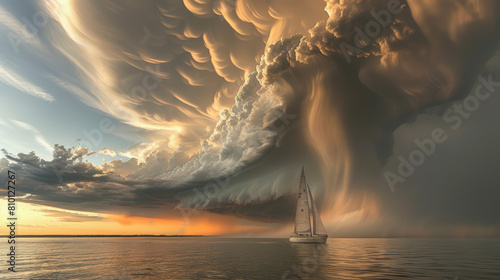 A sailboat on calm waters observes an imposing, dramatic cloudscape with mammatus clouds and a potential storm front at sunset, creating a stunning, surreal scene.