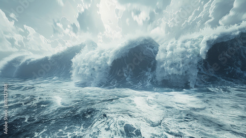 The image depicts towering ocean waves mid-collision, illustrating the powerful force of nature with an overcast, dramatic sky in the backdrop.