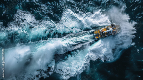 Aerial view of a cargo ship cutting through a wavy sea, creating white foam trails in the dark blue water.