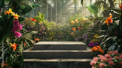 Lush tropical plants surrounding a stone podium in a vibrant greenhouse.