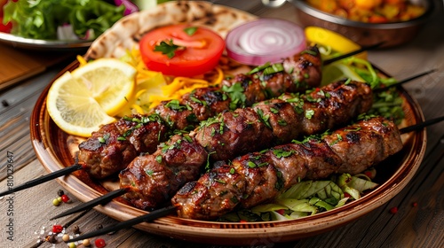 A delicious meat kabab with saffron, onion, tomato, pita bread, lemon slice and salad in a dish.