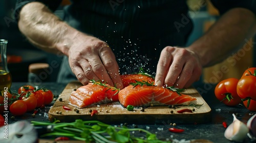 A chef is cooking pieces of red fish, salmon, trout with vegetables on a dark background. It's a healthy meal that's good for you.