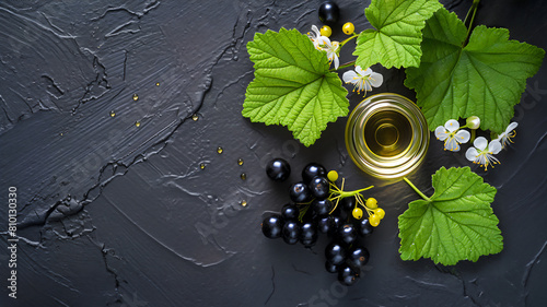 Top view of blackcurrant oil is arranged with vibrant blackcurrant berries, branches, leaves, flowers on textured stone surface. Concept of oils organic origins, health and beauty industry ingredient