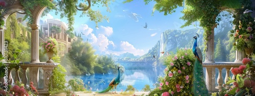 Wallpaper of french garden with peacocks, rococo style background, lake and blue sky, large balcony on which flowers sit in vases, the plants around it form an archway to give a romantic feel
