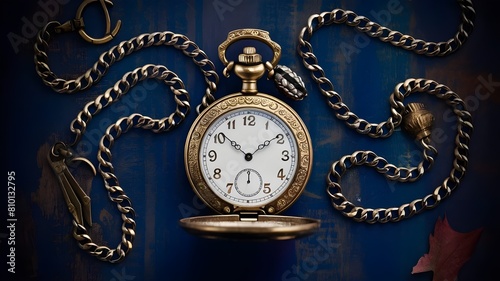 A vintage pocket watch with an ornate chain, representing the timeless beauty of classic accessories. Concept of elegance and tradition.