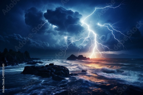 Dramatic storm with lightning over crashing waves on rocky coastline