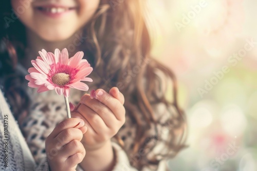 A young girl holding a pink flower in her hand. Concept of innocence and joy, as the girl is holding a beautiful flower and he is happy