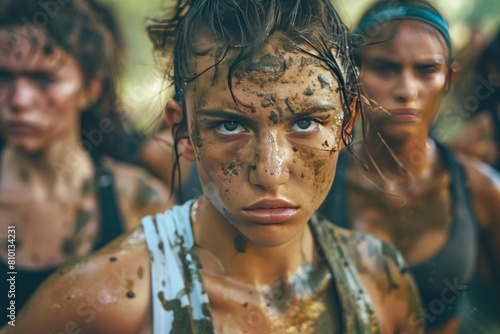 A woman with her face covered in mud and dirt