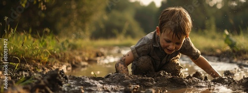 A young boy plays in the mud