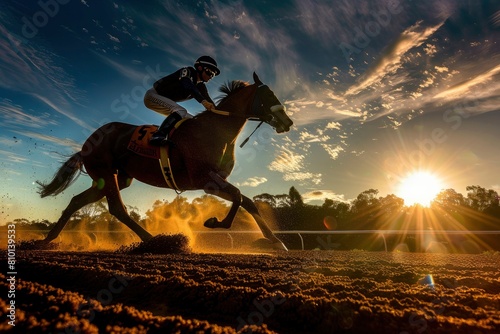 A horse and jockey at the race track, silhouettes against the morning sun.