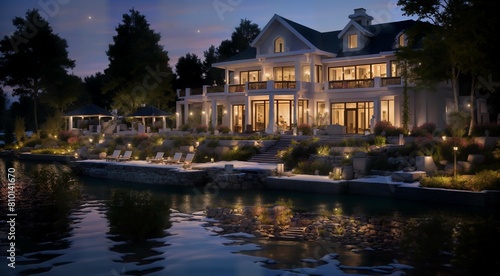Grand lakefront villa with boathouse and sweeping water views, featuring elegant architectural design and manicured gardens, rendered in exquisite 3D photorealism at twilight