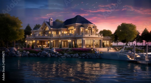 Grand lakefront villa with boathouse and sweeping water views, featuring elegant architectural design and manicured gardens, rendered in exquisite 3D photorealism at twilight