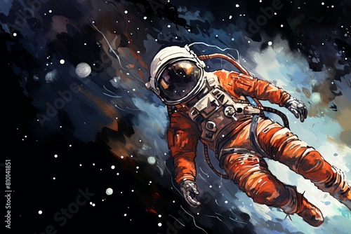 Astronaut floating with a cosmic backdrop - This striking image showcases an astronaut in an orange suit, floating against a vivid cosmic background