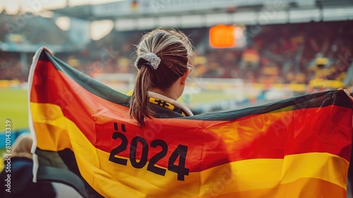 A soccer fan holding a German flag with "2024" written on it, with a soccer stadium visible in the distance
