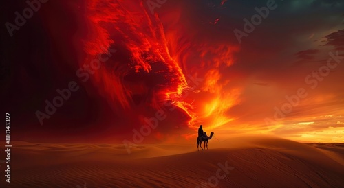 A silhouette of an emir on camelback with riding across vast desert dunes under dark red storm clouds