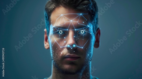 A young mans face is illuminated by a futuristic facial recognition interface with glowing lines and dots mapping his features. AI.