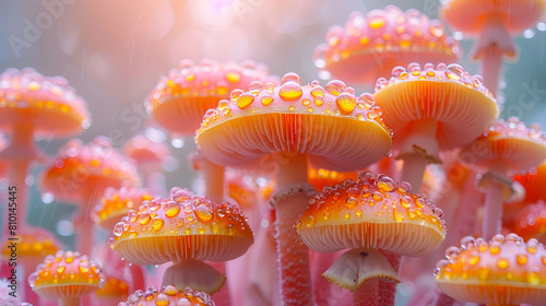 A group of pink mushrooms with water droplets on them.