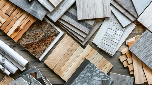 Top-down view showcasing interior finishing materials: wooden and concrete vinyl tiles, white laminate, grey fabric, wallpaper, and synthesis stone samples.